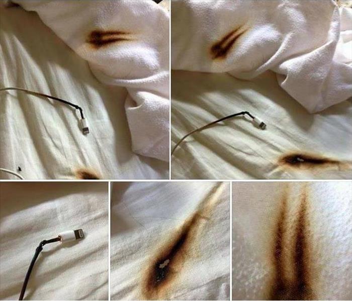Photo of burned bed sheets and iPhone charger