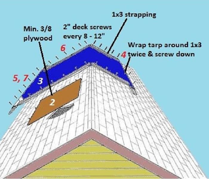 Graphic of steps to tarp a roof